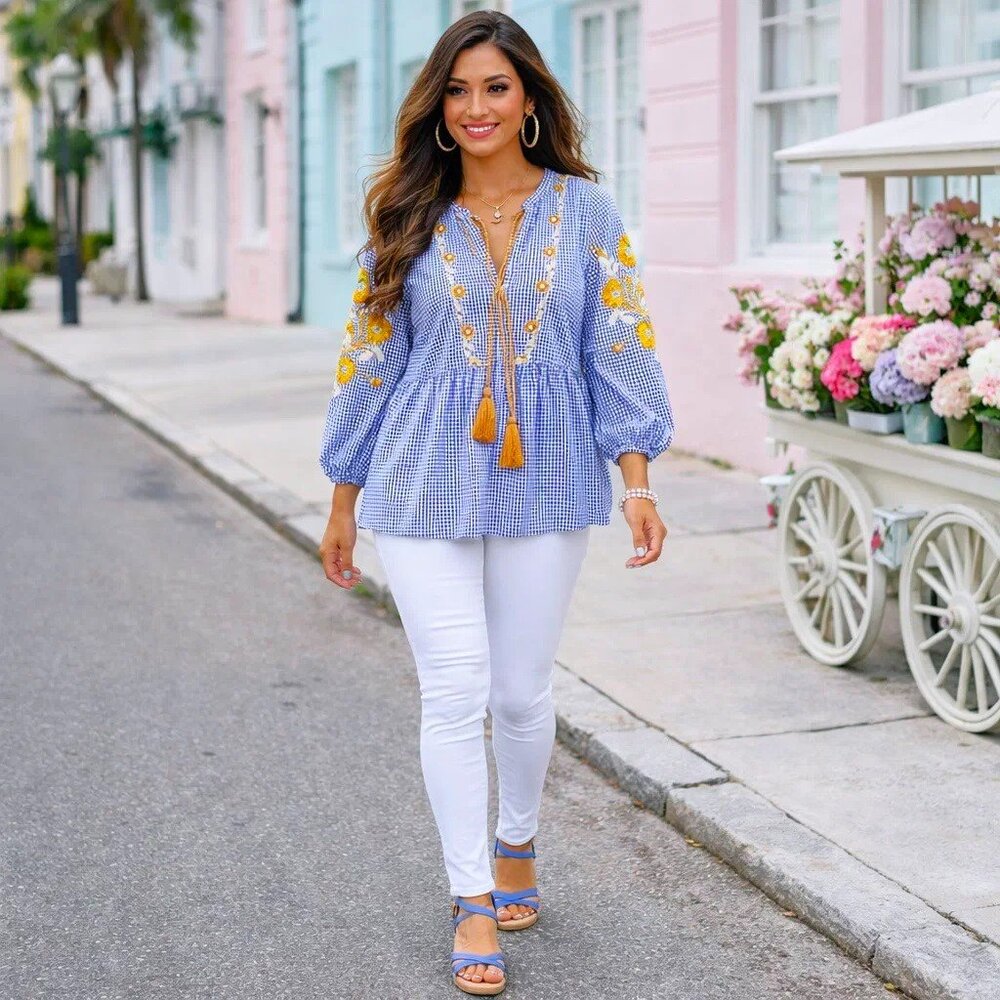 Top, Blouse. Blue & White Gingham. Embroidered. Jennifer & Grace. - Picture 16 of 16